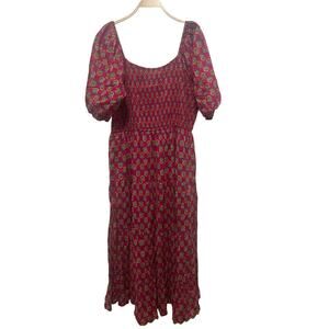 Lea Pink Floral Smocked Puff Shoulders 100% Cotton Pockets Maxi Dress 1X NWT